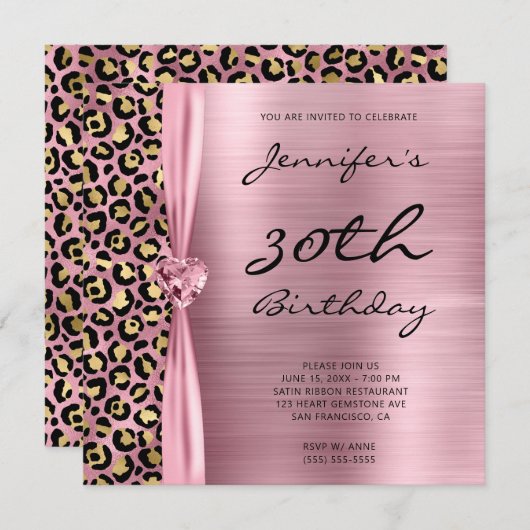ピンクと金ゴールドヒョウ箔ジェムハート30th誕生日 招待状 (正面/裏面)