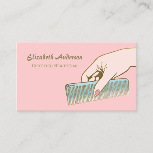 ピンクと金ゴールドビューティシャンヴィンテージコーム髪サロン 名刺 (正面)