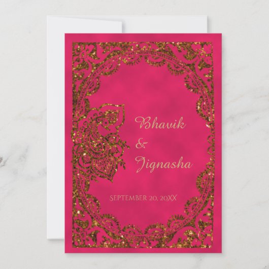 ピンクと金ゴールドピーコックインディアン結婚式招待状 招待状 (正面)