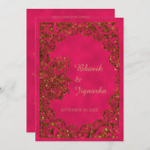 ピンクと金ゴールドピーコックインディアン結婚式招待状 招待状 (正面/裏面)