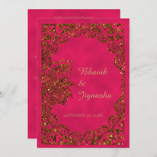 ピンクと金ゴールドピーコックインディアン結婚式招待状 招待状 (正面/裏面)