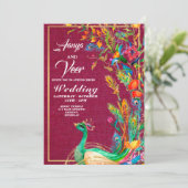 ピンクと金ゴールドピーコックインディアン結婚式招待状 招待状 (スタンド正面)