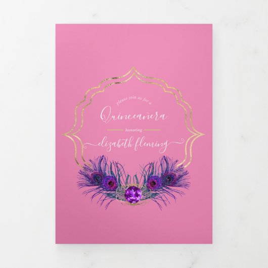 ピンクと金ゴールドピーコックキンセニェラ 三つ折り招待状 (カバー)