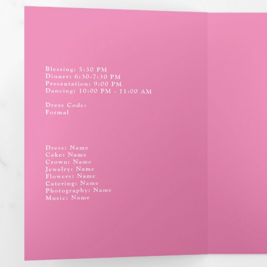 ピンクと金ゴールドピーコックキンセニェラ 三つ折り招待状 (内部最初)