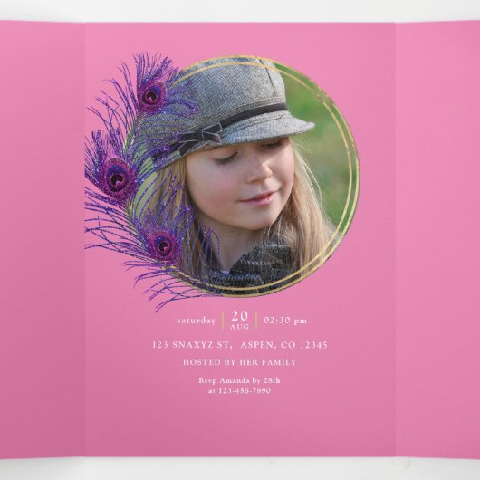 ピンクと金ゴールドピーコックキンセニェラ 三つ折り招待状 (内部中)