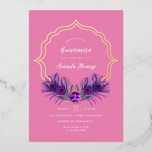 ピンクと金ゴールドピーコックフローラクインセアニラフォイルインビ 箔招待状 (正面)