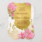 ピンクと金ゴールドピーコックロータス結婚インディアン 招待状 (正面/裏面)