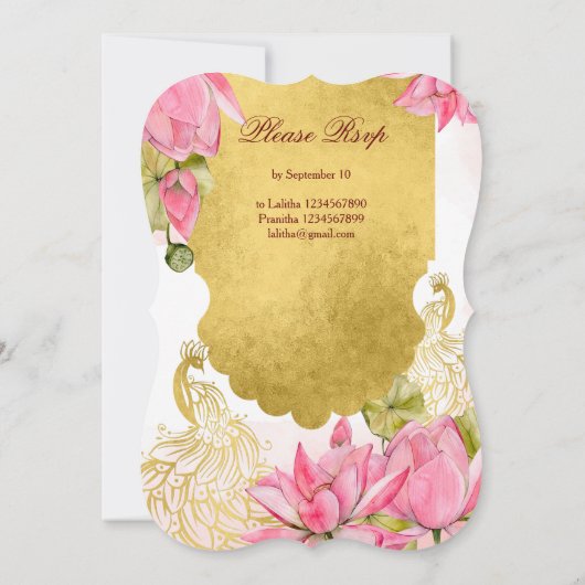 ピンクと金ゴールドピーコックロータス結婚インディアン 招待状 (裏面)