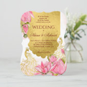 ピンクと金ゴールドピーコックロータス結婚インディアン 招待状 (スタンド正面)