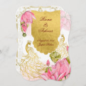 ピンクと金ゴールドピーコックロータス結婚インディアン 招待状 (正面/裏面)