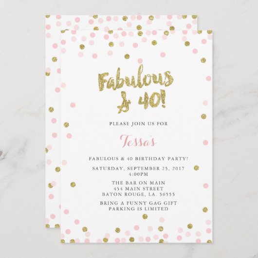 ピンクと金ゴールドファブラス&40誕生日招待状 招待状 (正面/裏面)