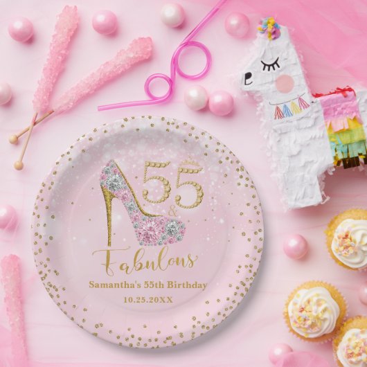 ピンクと金ゴールドフィフティファイブ&素晴らしい55誕生日 ペーパープレート (パーティー)