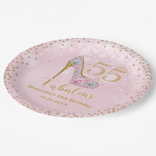 ピンクと金ゴールドフィフティファイブ&素晴らしい55誕生日 ペーパープレート (アングル)