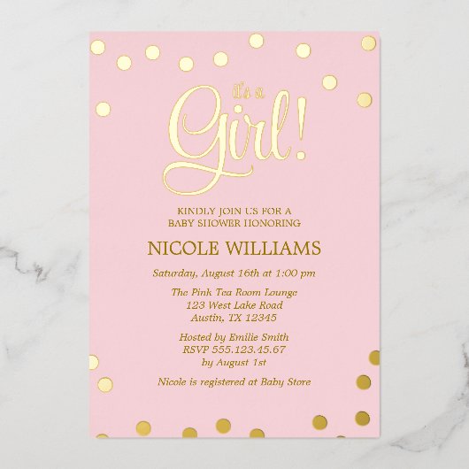 ピンクと金ゴールドフェイク紙吹雪ガールベビーシャワーの招待客 箔招待状 (正面)