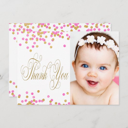 ピンクと金ゴールドフォトガールズサンキューカード サンキューカード (正面/裏面)