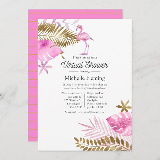 ピンクと金ゴールドフラミンゴ仮想ベビーシャワー 招待状 (正面/裏面)