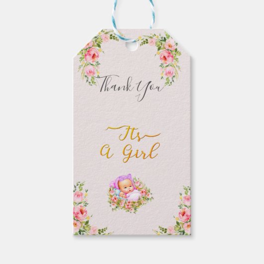 ピンクと金ゴールドフラワーテーマその女の子の赤ちゃんシャワー ギフトタグ (正面)
