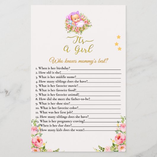 ピンクと金ゴールドフラワーテーマその女の子の赤ちゃんシャワー チラシ (正面)