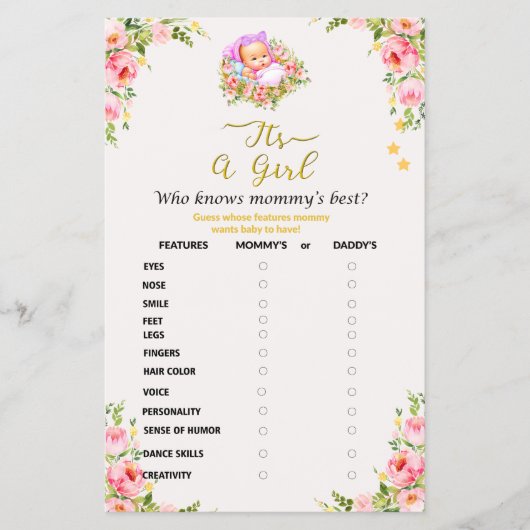 ピンクと金ゴールドフラワーテーマその女の子の赤ちゃんシャワー チラシ (正面)