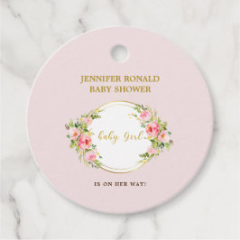 ピンクと金ゴールドフラワーテーマその女の子の赤ちゃんシャワー フェイバータグ