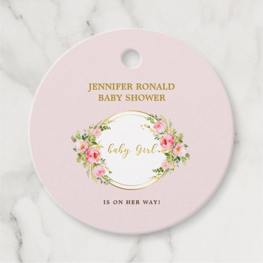 ピンクと金ゴールドフラワーテーマその女の子の赤ちゃんシャワー フェイバータグ (正面)