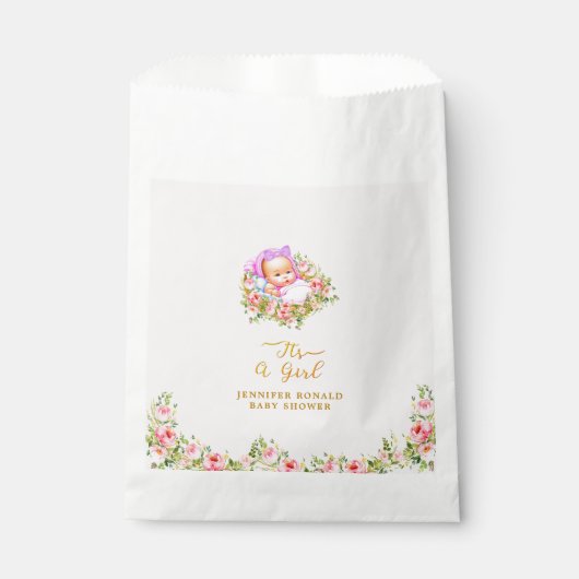 ピンクと金ゴールドフラワーテーマその女の子の赤ちゃんシャワー フェイバーバッグ (正面)