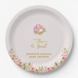 ピンクと金ゴールドフラワーテーマその女の子の赤ちゃんシャワー ペーパープレート