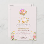 ピンクと金ゴールドフラワーテーマその女の子の赤ちゃんシャワー ポストカード (正面/裏面)