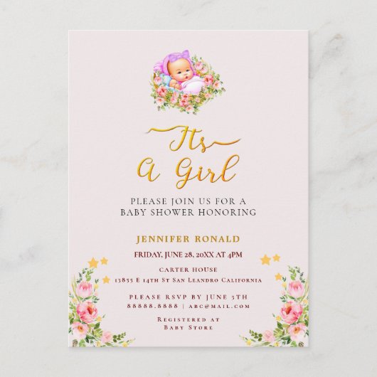 ピンクと金ゴールドフラワーテーマその女の子の赤ちゃんシャワー ポストカード (正面)