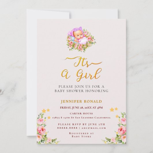 ピンクと金ゴールドフラワーテーマその女の子の赤ちゃんシャワー 招待状 (正面)