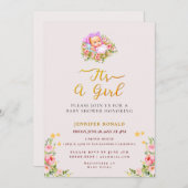 ピンクと金ゴールドフラワーテーマその女の子の赤ちゃんシャワー 招待状 (正面/裏面)