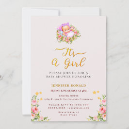 ピンクと金ゴールドフラワーテーマその女の子の赤ちゃんシャワー 招待状