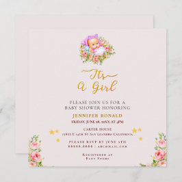 ピンクと金ゴールドフラワーテーマその女の子の赤ちゃんシャワー 招待状