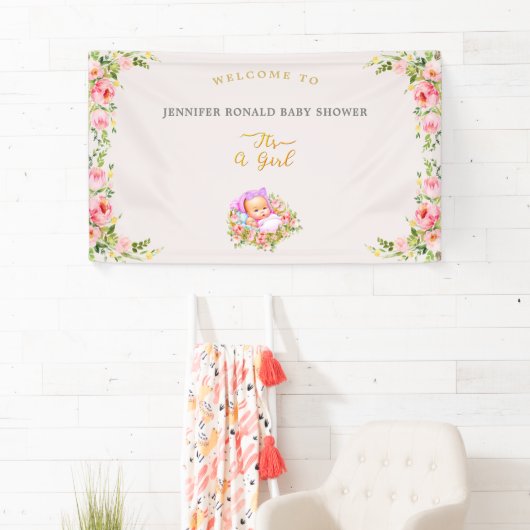 ピンクと金ゴールドフラワーテーマその女の子の赤ちゃんシャワー 横断幕 (インサイチュ)