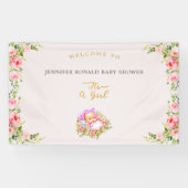 ピンクと金ゴールドフラワーテーマその女の子の赤ちゃんシャワー 横断幕 (横)