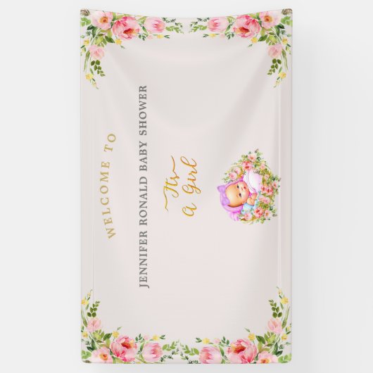 ピンクと金ゴールドフラワーテーマその女の子の赤ちゃんシャワー 横断幕 (縦)