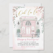 ピンクと金ゴールドフランスのカフェパティスリーガール誕生日 招待状 (正面)