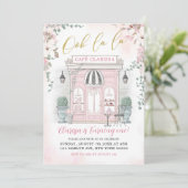 ピンクと金ゴールドフランスのカフェパティスリーガール誕生日 招待状 (スタンド正面)