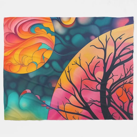 ピンクと金ゴールドフルムーンツリーシルエット フリースブランケット (正面(横))