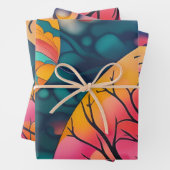 ピンクと金ゴールドフルムーンツリーシルエット ラッピングペーパーシート (インサイチュ)