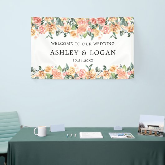 ピンクと金ゴールドフローラエレガントな結婚式へようこそ 横断幕 (トレードショー)