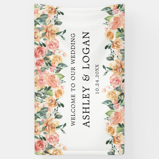 ピンクと金ゴールドフローラエレガントな結婚式へようこそ 横断幕 (縦)