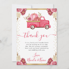 ピンクと金ゴールドフローラカボチャートラック秋の結婚式 サンキューカード