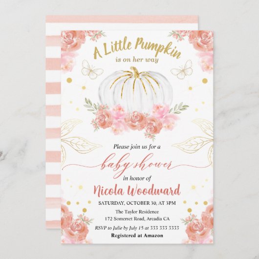 ピンクと金ゴールドフローラカボチャ女の子ベビーシャワー 招待状 (正面/裏面)