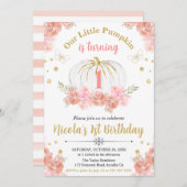 ピンクと金ゴールドフローラカボチャ女の子1st誕生日 招待状 (正面/裏面)