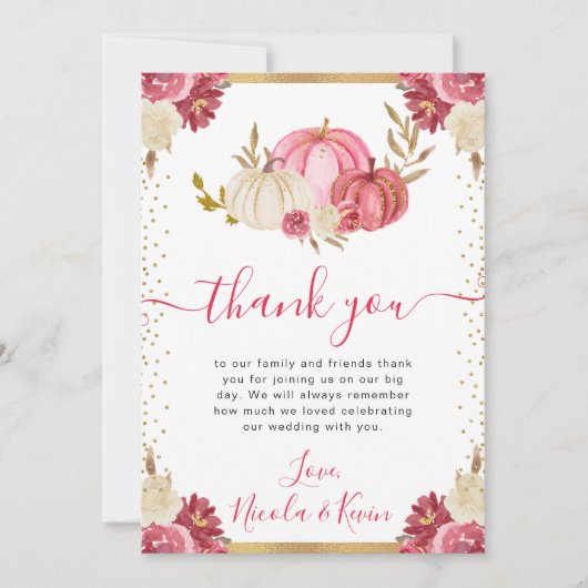 ピンクと金ゴールドフローラカボチャ秋の結婚式 サンキューカード (正面)