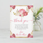 ピンクと金ゴールドフローラカボチャ秋の結婚式 サンキューカード (スタンド正面)
