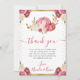 ピンクと金ゴールドフローラカボチャ秋の結婚式 サンキューカード