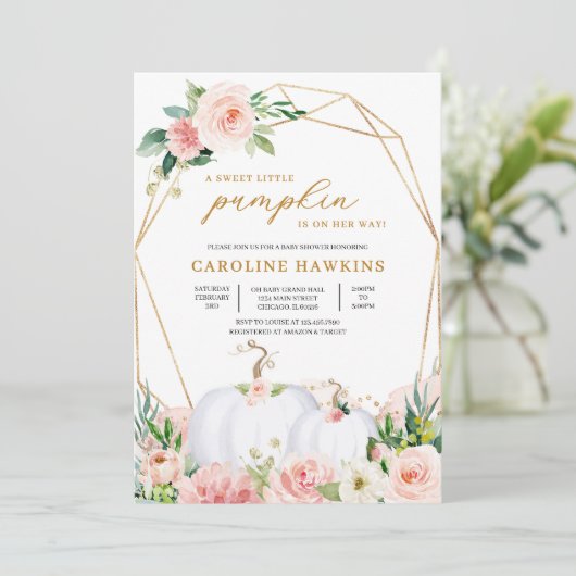 ピンクと金ゴールドフローラカボチャ赤ちゃんシャワー 招待状 (スタンド正面)