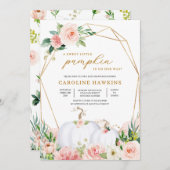 ピンクと金ゴールドフローラカボチャ赤ちゃんシャワー 招待状 (正面/裏面)